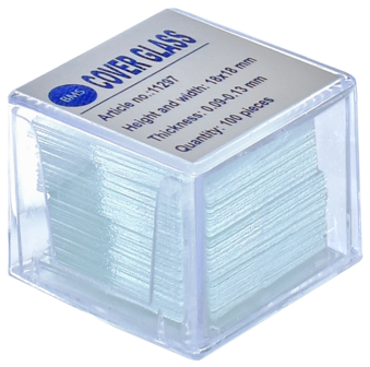 Pure white BMS cover slips 18 x 18 mm, 100 pieces, 0.09 - 0.13 mm