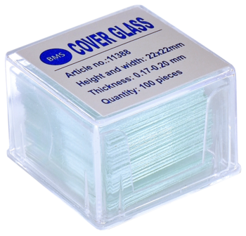 Pure white BMS cover slips, 22 x 22 mm, 100 pieces, 0.17 - 0.20 mm