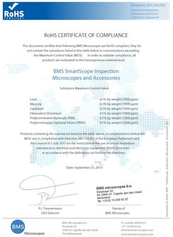 Certificaci&oacute;n RoHS para Microscopios de Inspecci&oacute;n BMS SmartScope y Accesorios